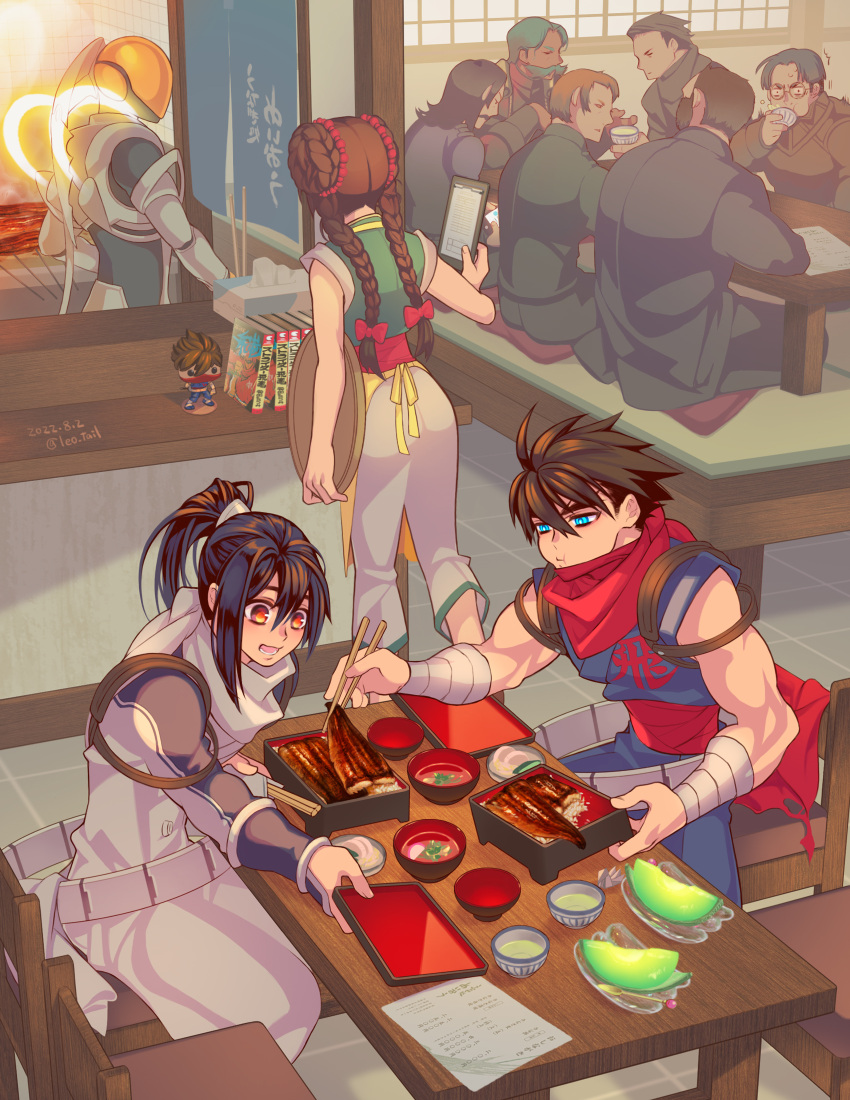 1girl 6+boys blue_eyes blue_hair braid brown_hair chopsticks dated eating fish_(food) funko_pop grilled_eel highres holding holding_chopsticks holding_tray leo_tail long_hair male_focus multiple_boys orange_eyes ponytail red_scarf scarf short_hair sitting solo_(strider) strider_(video_game) strider_hien strider_hiryuu ton_pooh tray twin_braids twitter_username white_scarf