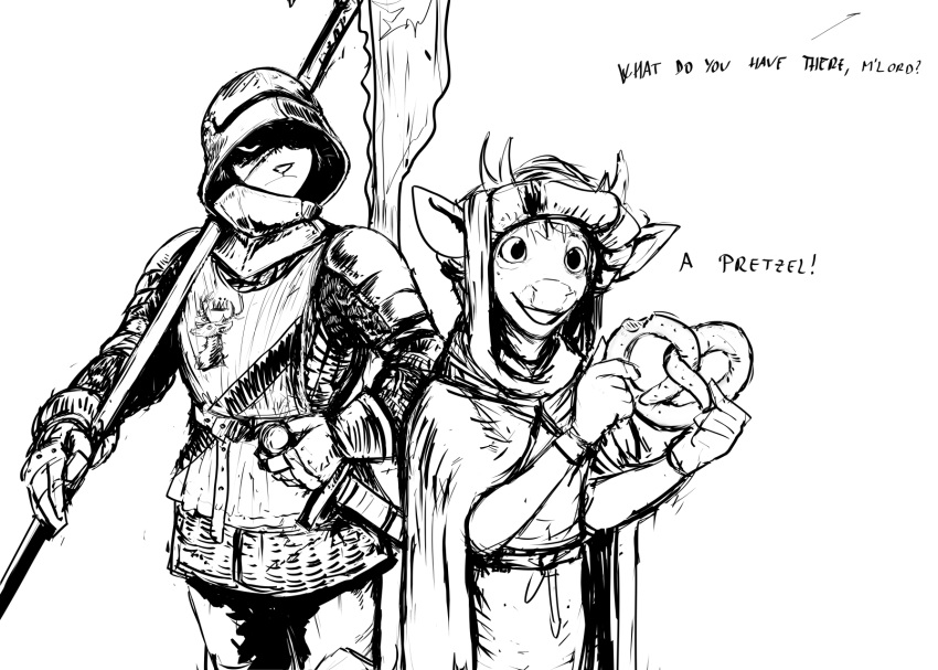 2024 angry anthro antlers armor black_and_white breastplate cat_knight deer deer_prince dialogue domestic_cat english_text facial_scar felid feline felis female food happy headgear helmet hi_res hladilnik horn knight_armor male mammal melee_weapon monochrome polearm pretzel_(food) scar text weapon