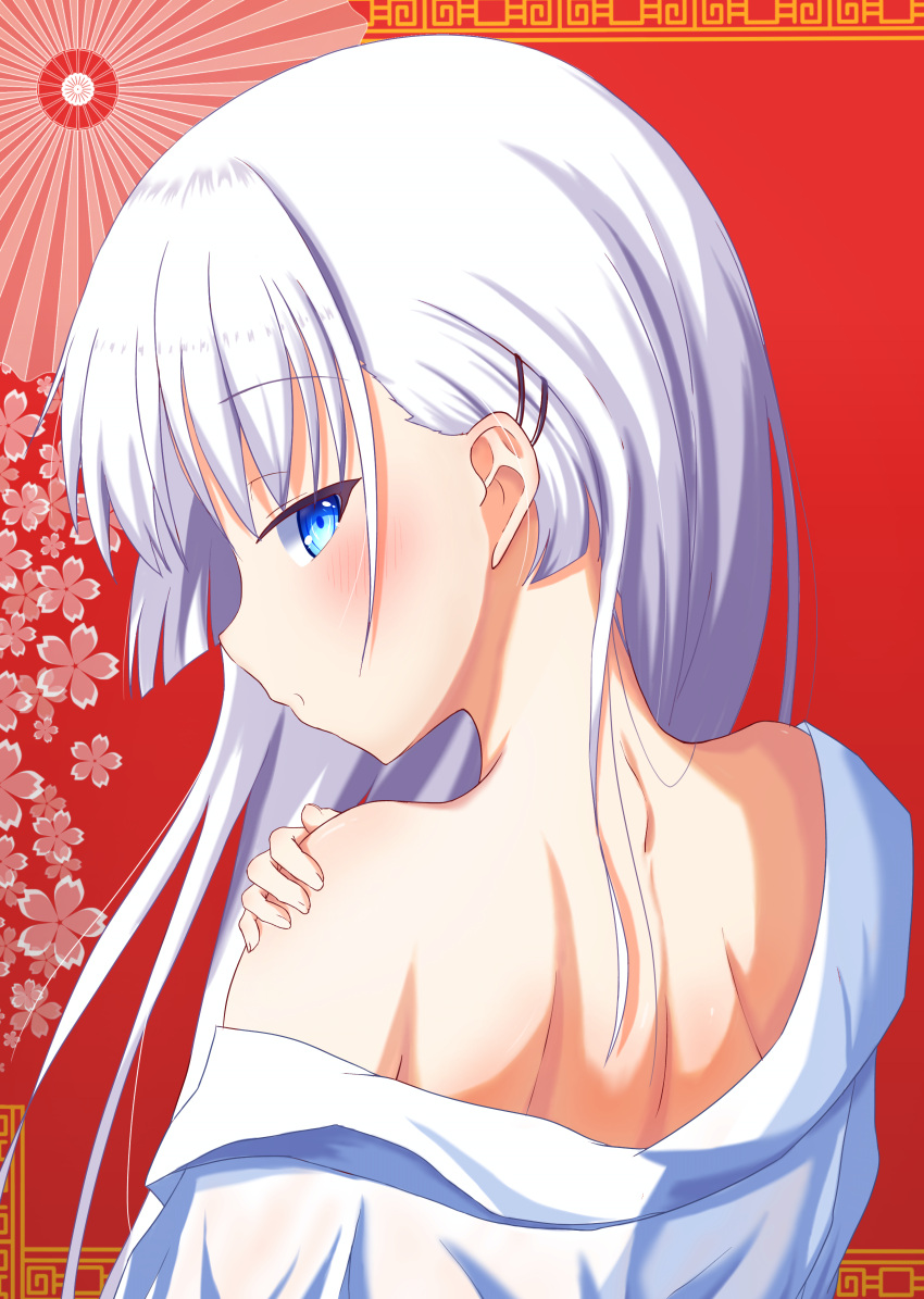 1230_mochi 1girl absurdres back blue_eyes blunt_ends blush bright_pupils close-up commentary_request flower from_behind hair_behind_ear hair_between_eyes hair_ornament hairclip hand_on_own_shoulder highres long_hair looking_at_viewer looking_back naruse_shiroha profile red_background red_flower shirt sideways_glance simple_background single_bare_shoulder solo summer_pockets tsurime white_hair white_shirt