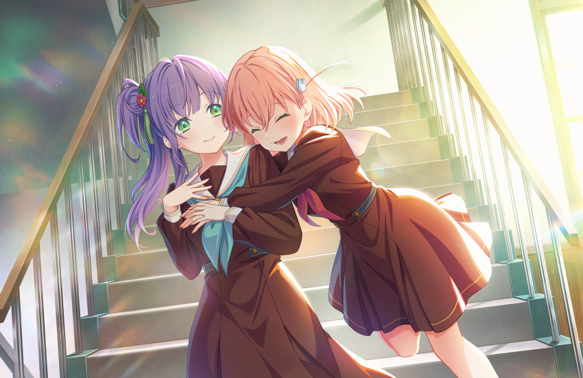 2girls ^_^ aqua_neckerchief brown_dress cerise_bouquet closed_eyes closed_mouth crossed_bangs dress dutch_angle flower game_cg green_eyes hair_bun hair_flower hair_ornament hand_on_own_chest hasu_no_sora_school_uniform highres hinoshita_kaho hug hug_from_behind leg_up lens_flare light_particles link!_like!_love_live! long_hair long_sleeves looking_at_another love_live! lower_teeth_only medium_dress medium_hair multiple_girls neckerchief official_art open_mouth orange_hair otomune_kozue pleated_dress purple_hair red_flower red_neckerchief sailor_collar sailor_dress school_uniform side_ponytail sidelocks single_side_bun stairs teeth third-party_source two_side_up virtual_youtuber white_sailor_collar winter_uniform