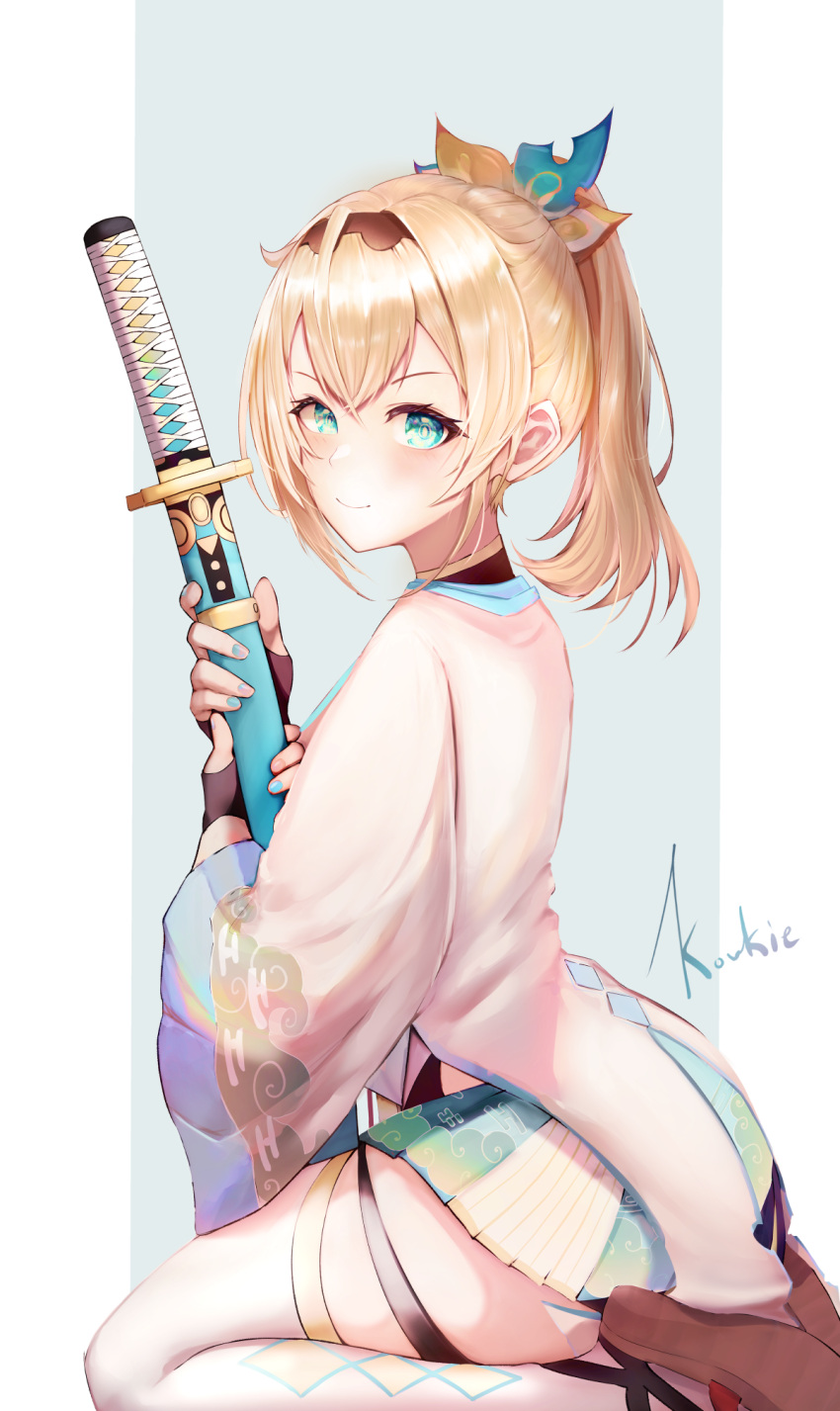 1girl artist_name black_gloves blonde_hair blue_eyes border closed_mouth english_commentary fingerless_gloves gloves gradient_nails green_skirt hair_ornament haori highres holding holding_sword holding_weapon hololive japanese_clothes katana kazama_iroha kazama_iroha_(1st_costume) koukie leaf_hair_ornament light_blue_background long_hair looking_at_viewer looking_to_the_side miniskirt outside_border pleated_skirt ponytail sheath sheathed sitting skirt smile solo sword thighhighs two-tone_skirt virtual_youtuber wariza weapon white_border white_skirt white_thighhighs wide_sleeves