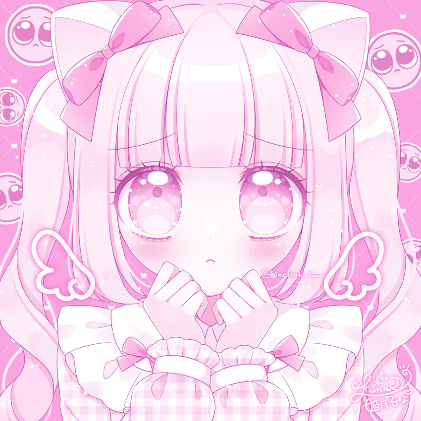 1girl animal_ears blush bow cat_ears closed_mouth collared_shirt commentary_request ear_bow emoji frilled_shirt_collar frills hands_up highres himetsuki_luna long_sleeves looking_at_viewer original pink_background pink_bow pink_hair plaid plaid_shirt pleading_face_emoji puffy_long_sleeves puffy_sleeves purple_eyes ringlets shirt sidelocks signature sleeves_past_wrists solo twintails twitter_username upper_body