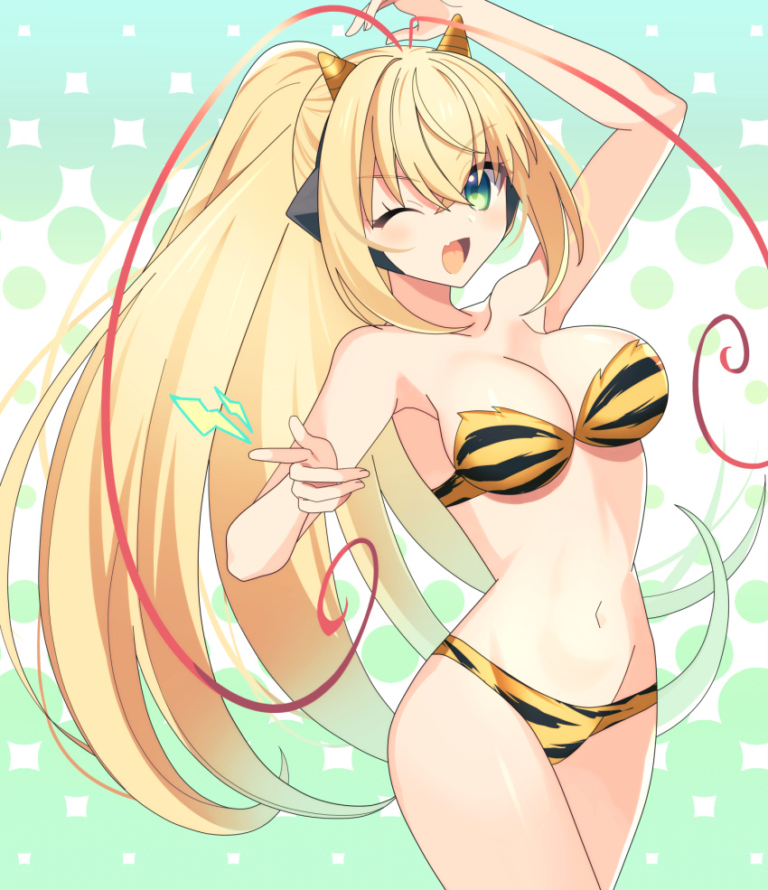 1girl animal_print antenna_hair azure_striker_gunvolt bare_shoulders bikini blonde_hair breasts commentary_request cone_horns cosplay green_eyes highres horns large_breasts lololotton long_hair lum lum_(cosplay) lumen_(gunvolt) multicolored_hair one_eye_closed pink_hair solo swimsuit tiger_print urusei_yatsura yellow_bikini