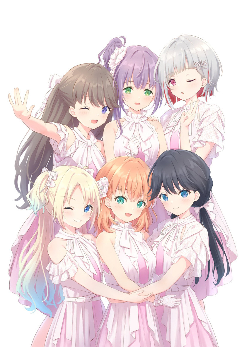 6+girls :d ;d ;o \||/ aqua_eyes black_hair blonde_hair blue_eyes blue_hair bob_cut bow brown_hair clenched_hand closed_mouth colored_inner_hair commentary_request crossed_bangs diagonal_bangs dress frilled_gloves frills fujishima_megumi gloves gradient_dress gradient_hair green_eyes grey_hair grin group_hug hair_bow hair_bun hair_ornament hair_ribbon hairclip hand_on_another's_shoulder highres hinoshita_kaho hug inverted_bob layered_dress light_blue_hair light_blush link!_like!_love_live! link_to_the_future_(love_live!) long_hair looking_at_viewer love_live! low_twintails medium_hair mole mole_on_neck multicolored_hair multiple_girls murano_sayaka neck_ribbon one_eye_closed open_mouth orange_hair osawa_rurino otomune_kozue outstretched_arm parted_bangs pearl_hair_ornament pink_dress purple_eyes purple_hair red_eyes red_hair ribbon short_hair short_sleeves side_ponytail sidelocks simple_background single_side_bun sleeveless sleeveless_dress smile split_mouth streaked_hair twintails two_side_up v virtual_youtuber white_background white_bow white_dress white_gloves white_ribbon yugiri_tsuzuri yutuki_ame