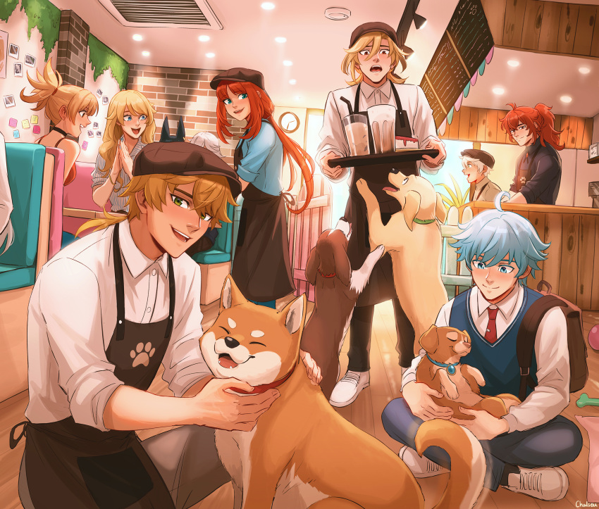 3girls 6+boys animal_ears bennett_(genshin_impact) black_shirt blonde_hair blue_eyes blue_hair blue_shirt blue_vest breasts brown_fur brown_hat cafe chalseu chongyun_(genshin_impact) closed_mouth cyno_(genshin_impact) diluc_(genshin_impact) dog dog_tail fox_ears genshin_impact highres kaveh_(genshin_impact) labrador_retriever long_hair medium_breasts multiple_boys multiple_girls navia_(genshin_impact) necktie nilou_(genshin_impact) open_mouth ponytail red_eyes red_hair red_necktie shiba_inu shirt smile tail thoma_(genshin_impact) tighnari_(genshin_impact) tongue vest white_shirt yoimiya_(genshin_impact)