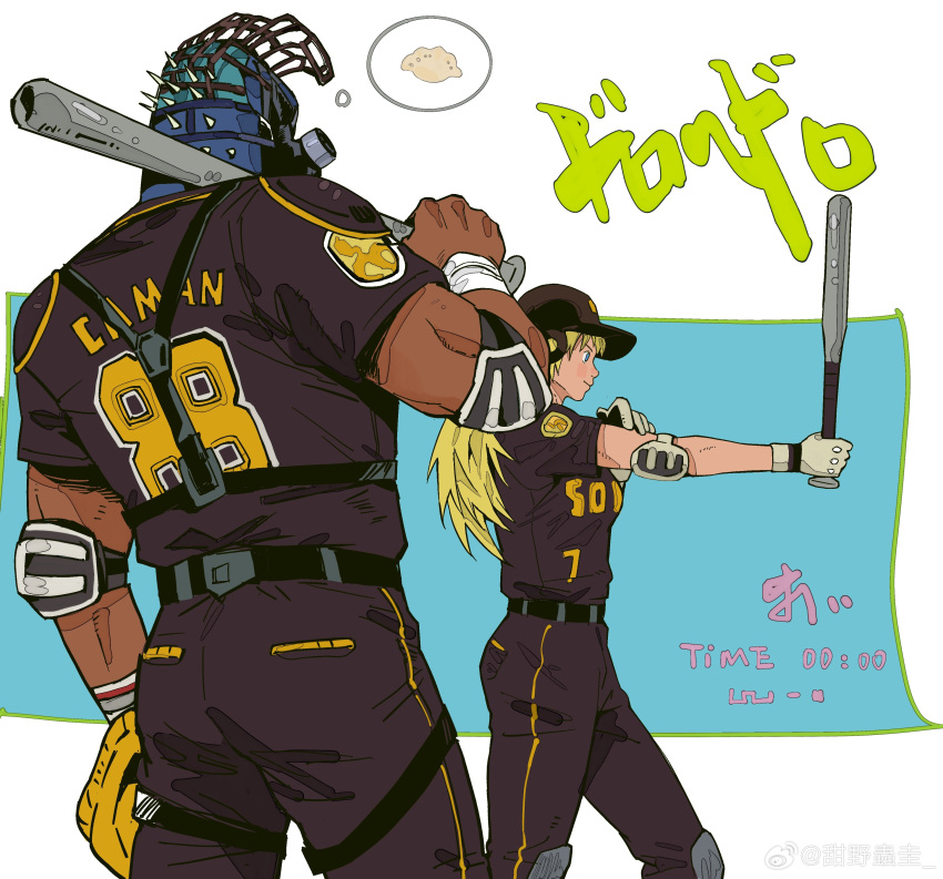 1boy 1girl absurdres animal_head artist_request ass baseball baseball_bat baseball_cap baseball_mitt baseball_uniform belt caiman_(dorohedoro) dark-skinned_male dark_skin dorohedoro facing_away green_scales hat highres large_pectorals lizardman long_hair multiple_belts muscular muscular_male nikaidou_(dorohedoro) outstretched_arm pectorals reptile_boy spikes sportswear translation_request