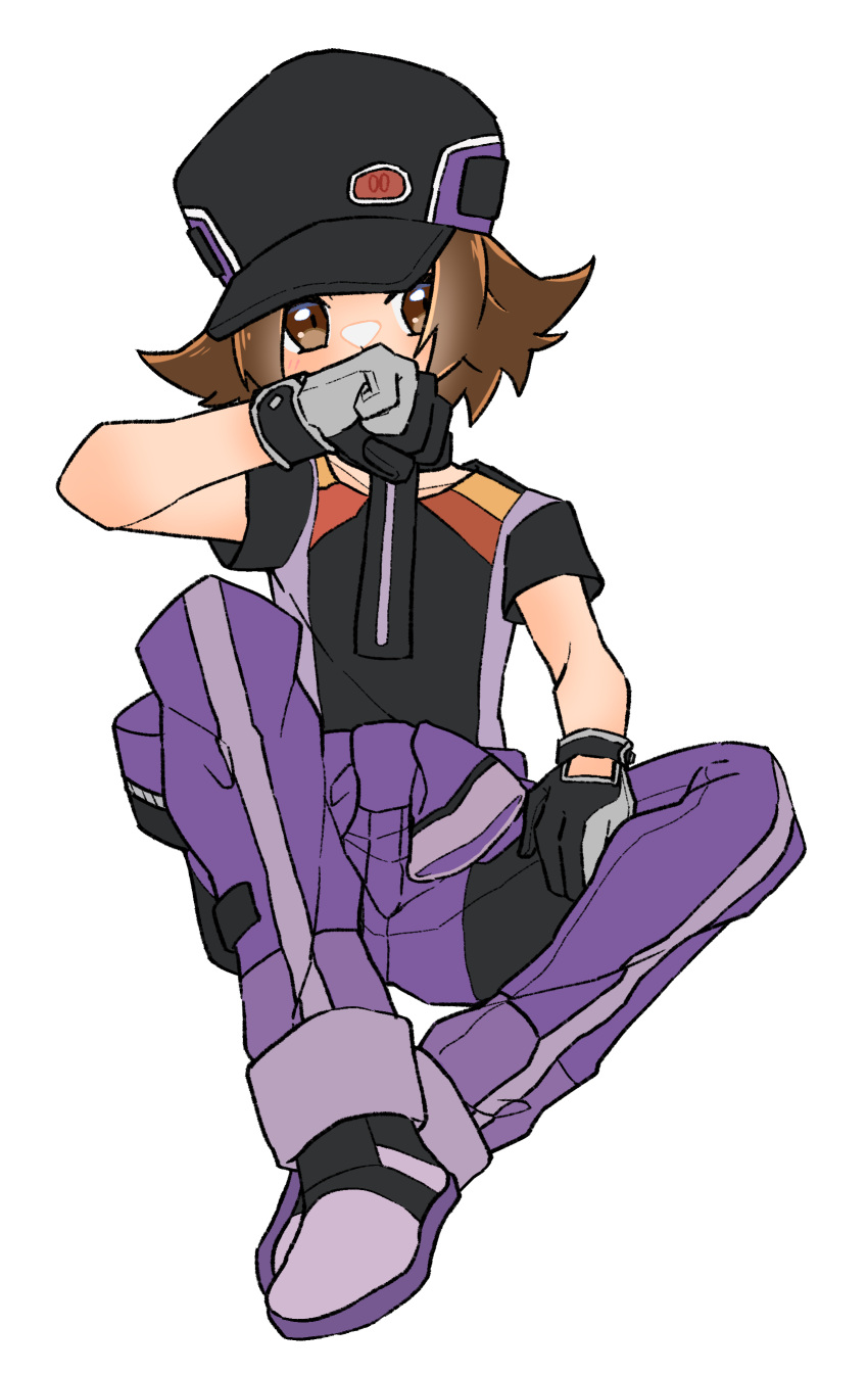 1boy absurdres black_gloves black_hat brown_eyes brown_hair covering_own_mouth full_body gloves highres hilbert_(pokemon) hilbert_(sygna_suit)_(pokemon) male_focus official_alternate_costume po_posan pokemon pokemon_masters_ex short_hair simple_background sitting solo white_background