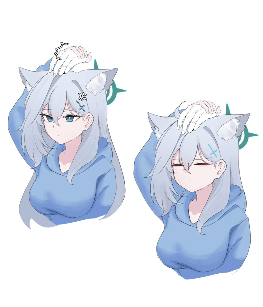1girl 1other =_= anger_vein animal_ears aqua_eyes blue_archive blue_hoodie cropped_torso disembodied_limb extra_ears grey_hair guided_headpat hand_on_another's_head highres holding_hands hood hoodie limb looking_ahead mismatched_pupils multiple_views shiroko_(blue_archive) shiroko_terror_(blue_archive) simple_background skyrain315 upper_body white_background wolf_ears