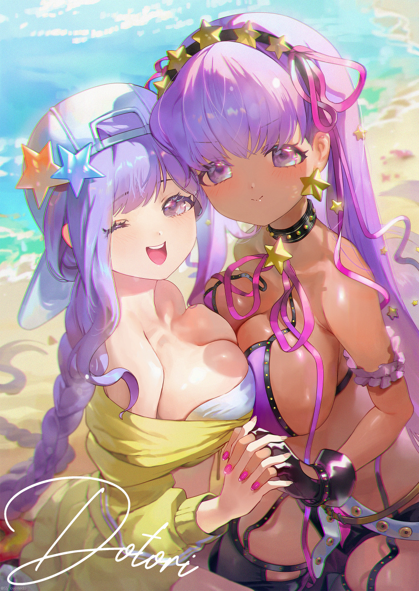 2girls absurdres asymmetrical_hair bandeau bare_shoulders baseball_cap bb_(fate) bb_(swimsuit_mooncancer)_(fate) bb_(swimsuit_mooncancer)_(first_ascension)_(fate) bb_(swimsuit_mooncancer)_(second_ascension)_(fate) beach bead_bracelet beads belt bikini black_gloves black_shorts black_thighhighs blush bracelet braid breasts cleavage cropped_jacket dark-skinned_female dark_skin dotori_(seulseul) dual_persona fate/grand_order fate_(series) fingerless_gloves garter_belt gloves hair_ornament hair_ribbon hairband hat hat_ornament highres holding_hands jacket jewelry large_breasts long_hair long_sleeves looking_at_viewer micro_shorts miniskirt multiple_girls neck_ribbon one_eye_closed purple_bikini purple_eyes purple_hair ribbon shore shorts single_braid skirt smile star_(symbol) star_hair_ornament star_hat_ornament swimsuit tan thighhighs very_long_hair white_belt white_hat yellow_jacket yellow_skirt