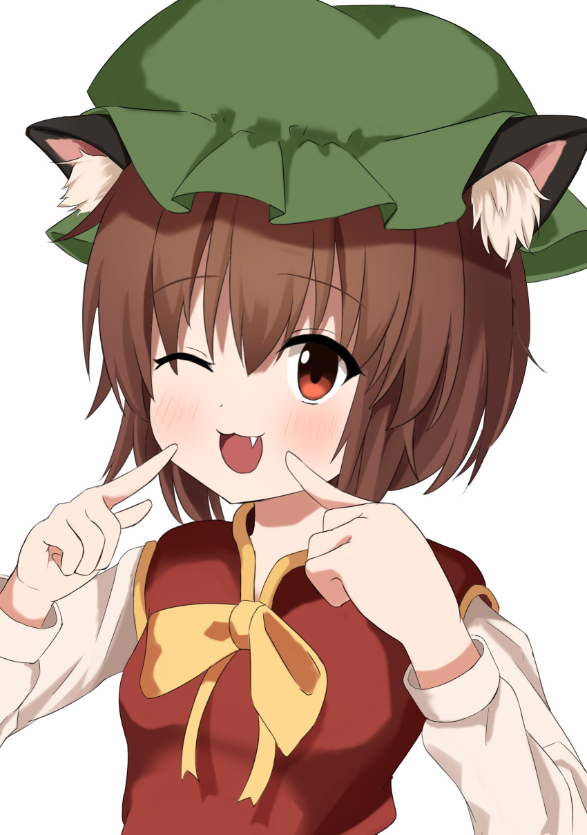 1girl ;3 ;d absurdres animal_ear_fluff animal_ears blush bow bowtie breasts brown_eyes brown_hair cat_ears chen commentary_request fang fingers_to_cheeks gold_trim hair_between_eyes hands_up happy hat highres long_sleeves looking_at_viewer mob_cap naganegi_(yvee2588) one_eye_closed open_mouth red_vest short_hair simple_background small_breasts smile solo touhou upper_body vest white_background yellow_bow yellow_bowtie