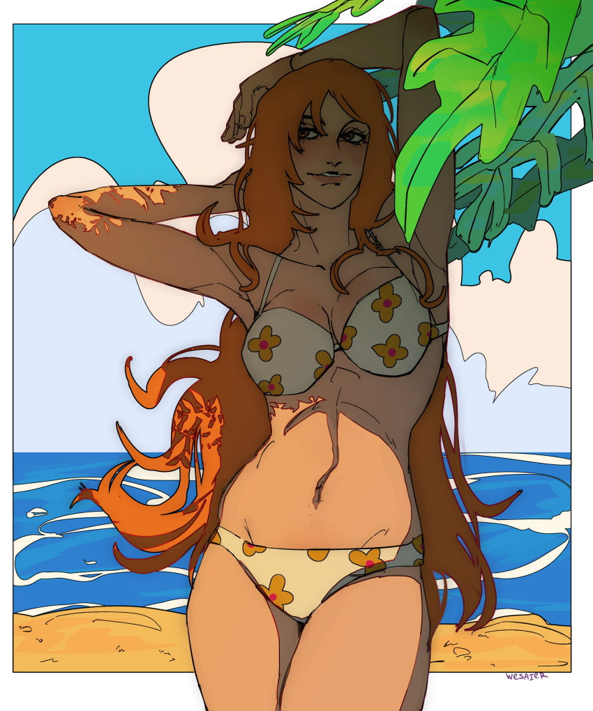 1girl absurdres arms_up artist_name bikini cloud cowboy_shot english_commentary floral_print hand_in_own_hair highres long_hair looking_to_the_side nami_(one_piece) navel ocean one_piece palm_tree sand sky smile solo swimsuit tree very_long_hair wesaier