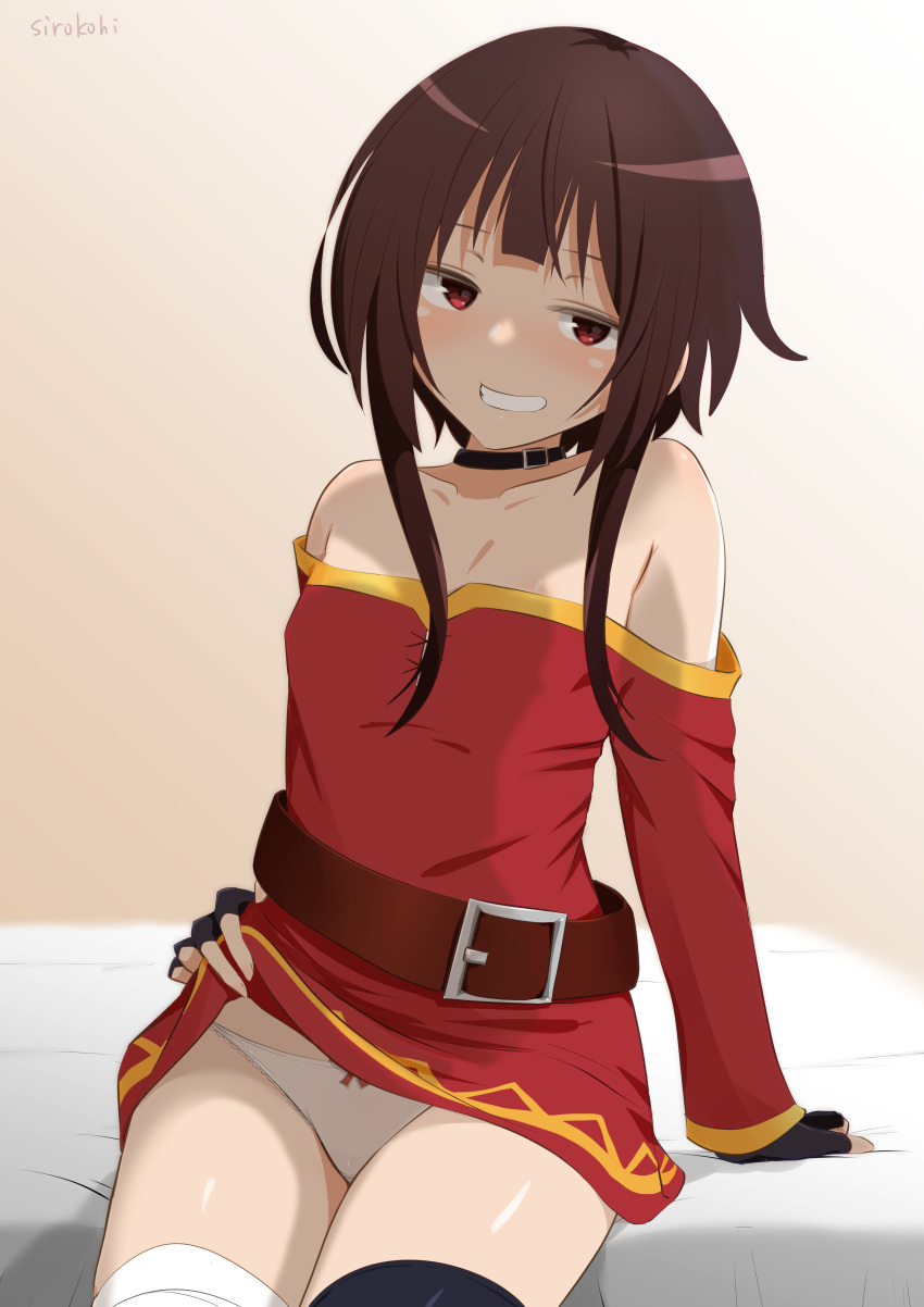 1girl absurdres asymmetrical_legwear bandaged_leg bandages bare_shoulders belt black_gloves black_thighhighs blush breasts brown_hair choker collarbone dress fingerless_gloves gloves grin highres kono_subarashii_sekai_ni_shukufuku_wo! long_sleeves looking_at_viewer megumin mismatched_legwear off-shoulder_dress off_shoulder panties red_dress red_eyes short_hair_with_long_locks sidelocks single_thighhigh sirokohi smile solo thighhighs thighs underwear white_panties