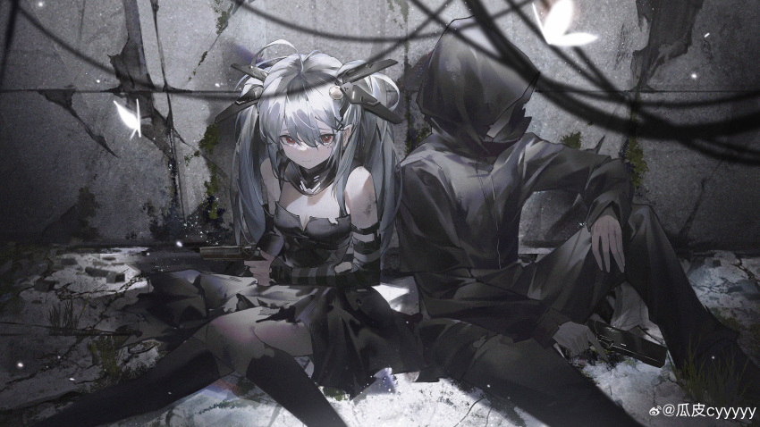 1boy 1girl absurdres against_wall ahoge arm_warmers bare_shoulders black_arm_warmers black_dress black_hood black_jacket black_pants black_socks black_thighhighs breasts bug butterfly character_request cleavage cyyyyy dress feet_out_of_frame film_grain glowing_butterfly grey_hair gun hair_between_eyes handgun highres holding holding_gun holding_weapon hood hood_up hooded_jacket jacket knee_up long_hair looking_at_viewer official_art on_ground pants punishing:_gray_raven red_eyes short_dress single_sock single_thighhigh sitting smile socks strapless strapless_dress symbol-shaped_pupils thighhighs torn_clothes torn_dress weapon weibo_logo weibo_watermark