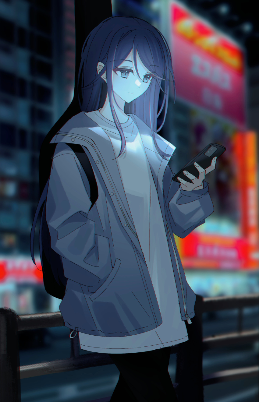 1girl absurdres against_railing black_hair cellphone city closed_mouth commentary_request dot_nose expressionless grey_jacket guitar_case hand_in_pocket highres holding holding_phone hoshino_ichika_(project_sekai) instrument_case instrument_on_back jacket light long_hair looking_at_phone night open_clothes open_jacket outdoors phone project_sekai railing ritzchrono shirt smartphone solo unzipped white_shirt zipper_pull_tab