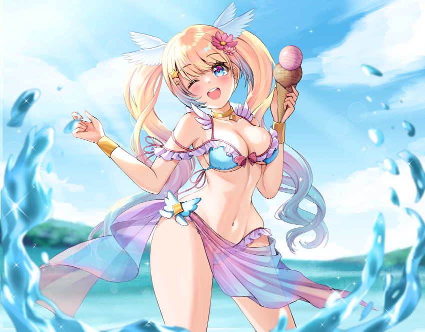 1girl ;d absurdres bikini blonde_hair blue_bikini blue_eyes blue_hair blush breasts cleavage contrapposto curvy flower food frilled_bikini frilled_bikini_top frills gradient_hair groin hair_flower hair_ornament head_wings highleg highleg_bikini highres holding holding_ice_cream_cone ice_cream ice_cream_cone indie_virtual_youtuber jewelry looking_at_viewer medium_breasts mia_mikhail mia_mikhail_(vtuber) multi-strapped_bikini_top multicolored_hair narrow_waist navel neck_ring ocean one_eye_closed open_mouth purple_sarong sarong see-through_sarong self-portrait sidelocks smile solo stomach swimsuit teeth thick_thighs thighs twintails upper_teeth_only virtual_youtuber wide_hips wings wristlet