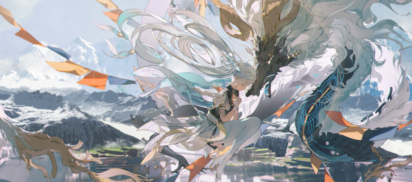 1girl absurdres chinese_clothes dragon floating_hair flying hand_on_own_chest highres jinxi_(wuthering_waves) mountain pale_color scenery sideboob_cutout socks twintails white_hair white_socks wuthering_waves z3zz4