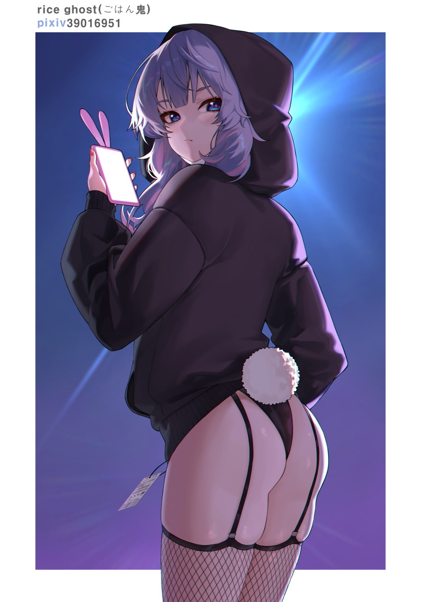 1girl absurdres artist_name black_hoodie black_leotard blue_background blue_eyes blue_hair blunt_bangs cellphone cowboy_shot fake_tail fishnet_thighhighs fishnets from_behind garter_straps gohan_oni hatsune_miku highleg highleg_leotard highres holding holding_phone hood hood_up hoodie leotard light_rays long_hair looking_at_viewer looking_back mask mouth_mask multicolored_hair phone pink_hair price_tag rabbit_hole_(vocaloid) rabbit_tail skindentation smartphone solo streaked_hair surgical_mask tail thighhighs two-tone_hair vocaloid