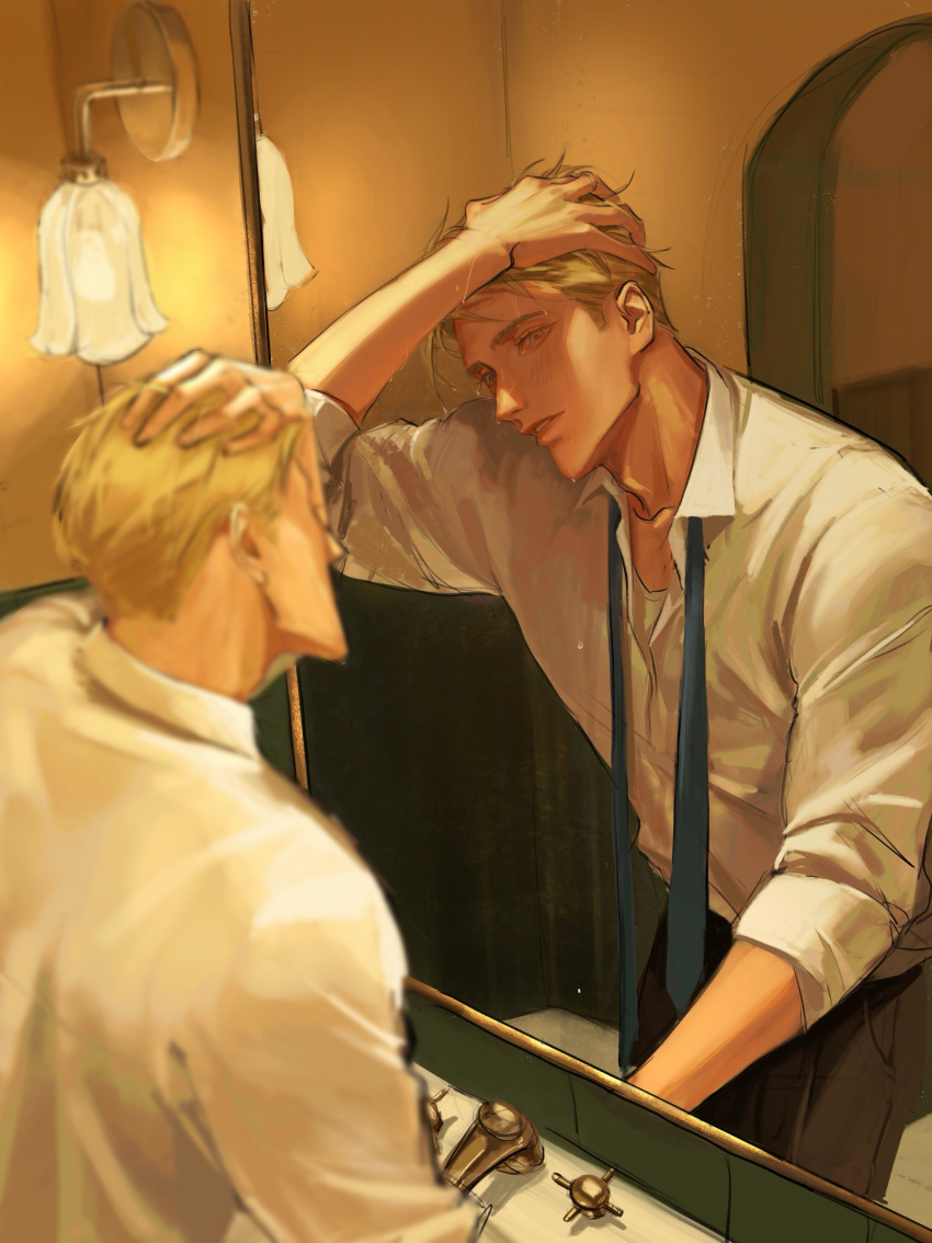 1boy absurdres black_pants blonde_hair blue_necktie collared_shirt cowboy_shot dong_er_felt faucet highres indoors jujutsu_kaisen light lips long_sleeves male_focus mirror nanami_kento necktie pants parted_lips reflection shirt sink solo standing undone_necktie upper_body wall_lamp white_shirt