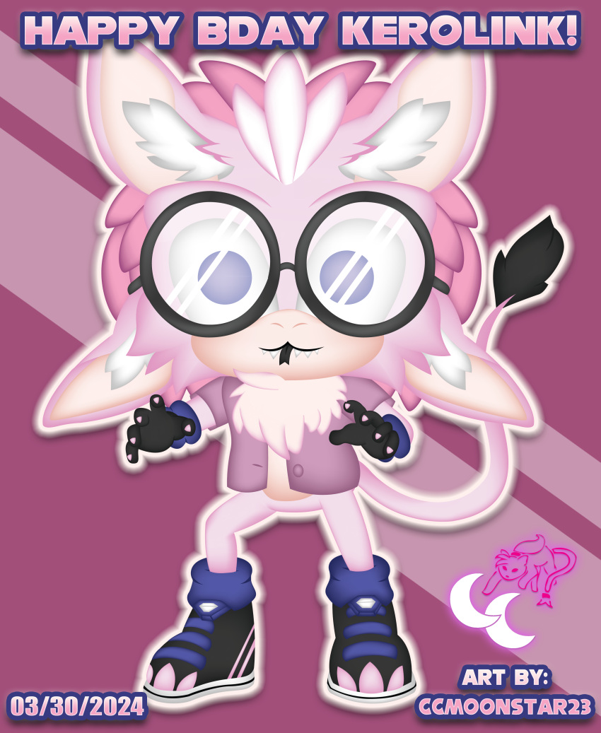 absurd_res ambiguous_gender anthro blep blue_eyes ccmoonstar23 chibi clothing digital_media_(artwork) eyewear fangs feathers footwear full-length_portrait funko_pop! fur glasses gloves handwear happy_birthday hi_res kerolink male pink_body pink_fur portrait sega shirt shoes socks solo sonic_the_hedgehog_(series) tail teeth tongue tongue_out topwear