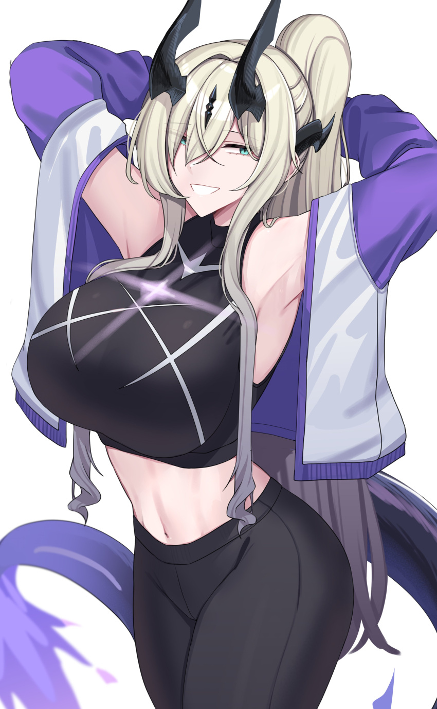 1girl absurdres aqua_eyes arknights armpits arms_up black_pants black_shirt blonde_hair breasts commentary cowboy_shot crop_top eblana_(arknights) grin highres horns huge_breasts kanta_(kanta_077) leggings long_hair midriff navel pants shirt simple_background sleeveless sleeveless_shirt smile solo standing stomach tail thighs very_long_hair white_background