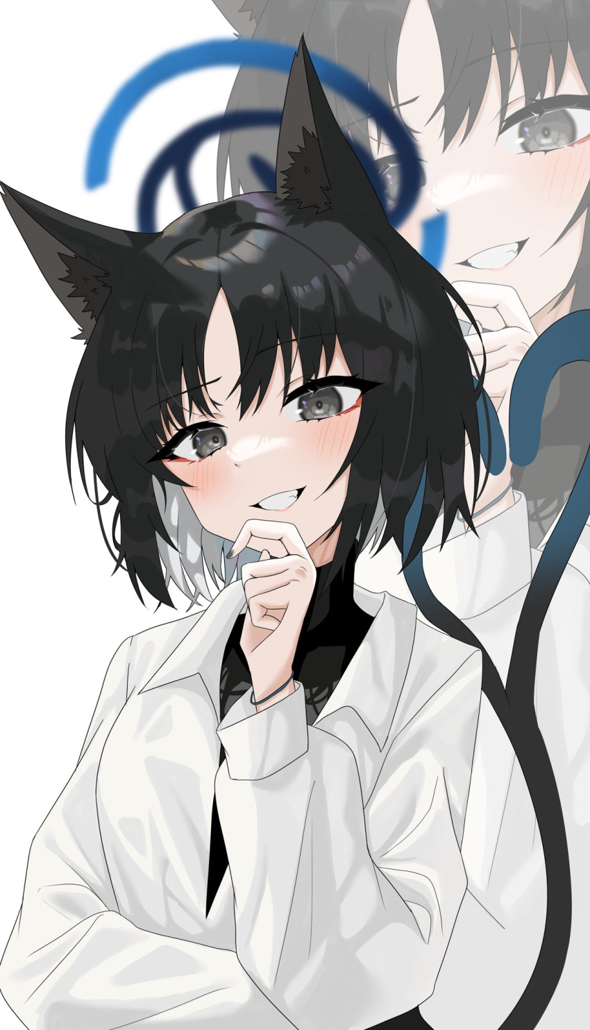 1girl :d alternate_costume animal_ear_fluff animal_ears black_shirt blue_archive cat_ears cat_girl cat_tail coat commentary_request dragonchicken02 eyeshadow forked_tail grin halo hand_on_own_chin head_tilt highres kikyou_(blue_archive) long_sleeves looking_at_viewer makeup nekomata parted_bangs red_eyeshadow shirt short_hair sidelocks simple_background smile solo tail turtleneck turtleneck_shirt white_coat zoom_layer