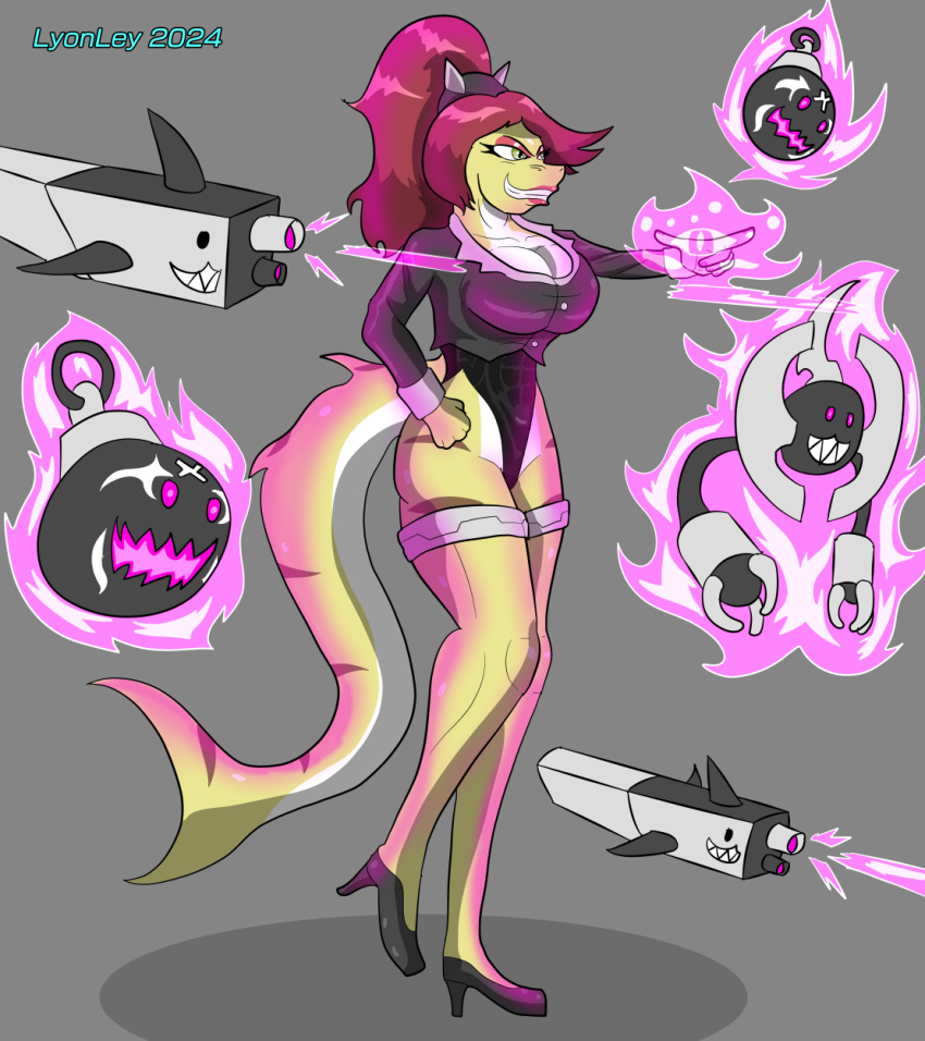 anthro bare_legs black_clothing black_leotard breasts cleavage clothed clothing drone female fish footwear hair hi_res jacket leotard lyonley magic magic_user makeup marine ponytail ranged_weapon red_hair shark shark_fin shark_tail shoes smile solo topwear tori_atlis weapon