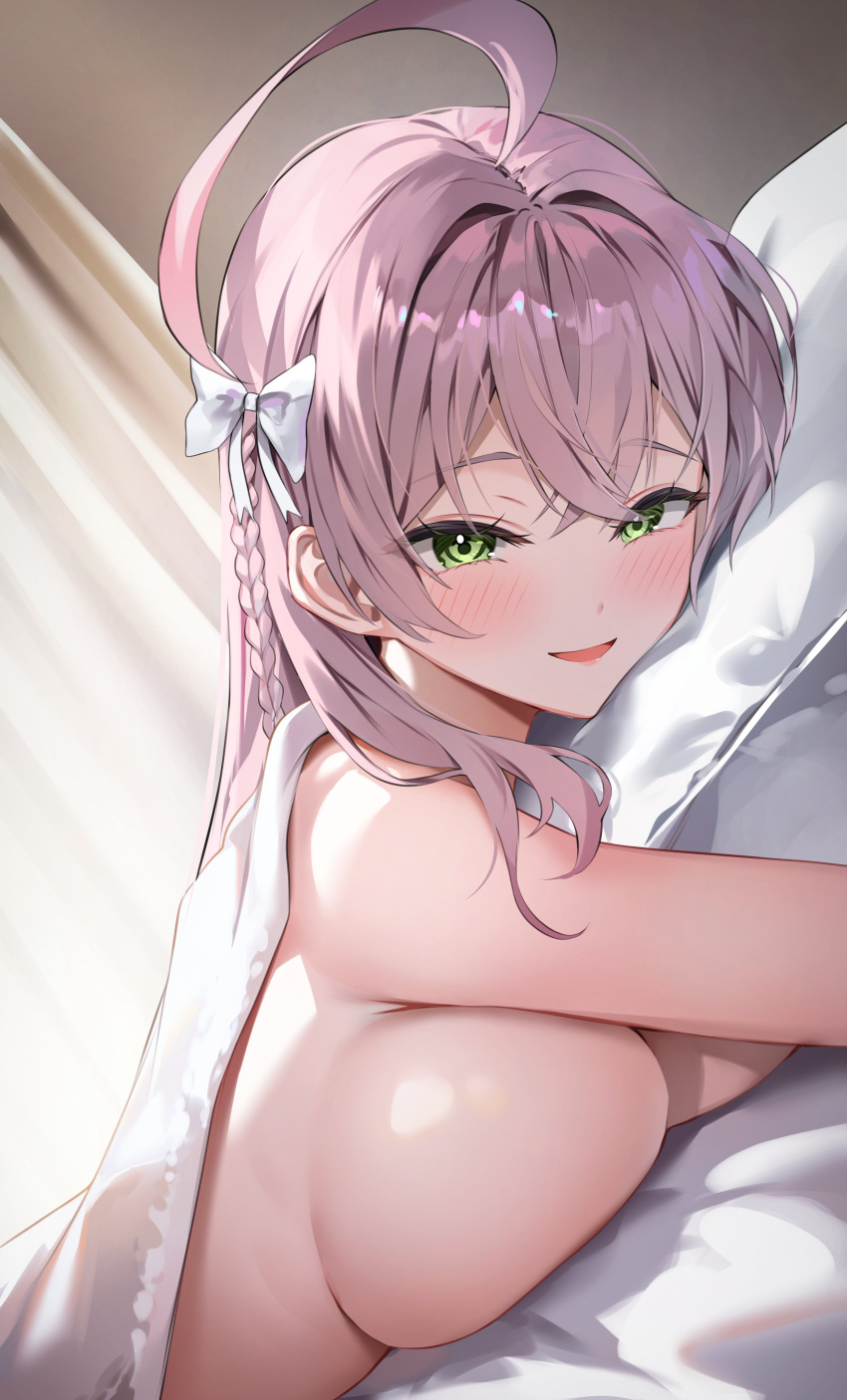 1girl absurdres ahoge bed_sheet blue_archive blush bow braid breasts commentary completely_nude curtains green_eyes hair_between_eyes hair_bow hair_intakes hanako_(blue_archive) hashtag-only_commentary highres huge_breasts indoors long_hair looking_at_viewer lying nude on_stomach open_mouth pillow pink_hair shuvi_(shuvi1125) smile solo under_covers white_bow