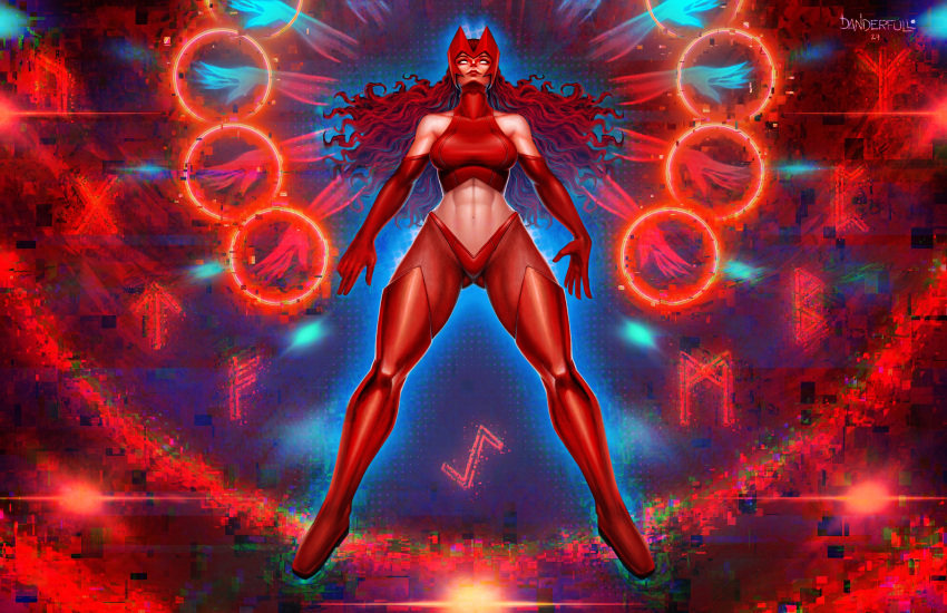 1girl absurdres artist_name ass_visible_through_thighs bare_shoulders ben-day_dots blank_eyes blue_aura blue_light boots breasts collared_shirt crossover danderfull dated elbow_gloves english_commentary extra_arms fishnet_pantyhose fishnets fusion glitch gloves high_collar highres lens_flare long_hair magic marvel metroid midriff navel panties pantyhose red_aura red_footwear red_gloves red_hair red_light red_panties red_pantyhose runes samus_aran scarlet_witch screentones shirt signature solo superhero_costume thigh_boots twitter_username underwear variant_set wanda_maximoff white_eyes