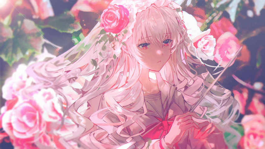 1girl absurdres arcaea blurry blurry_background conductor_baton floating_hair flower hair_between_eyes hair_flower hair_ornament hair_spread_out highres hikari_(arcaea) holding holding_stick long_hair long_sleeves looking_ahead neck_ribbon red_eyes red_flower red_ribbon red_rose ribbon rose sailor_collar school_uniform shirt sidelocks siyrgr solo stick upper_body white_hair white_sailor_collar white_shirt white_veil