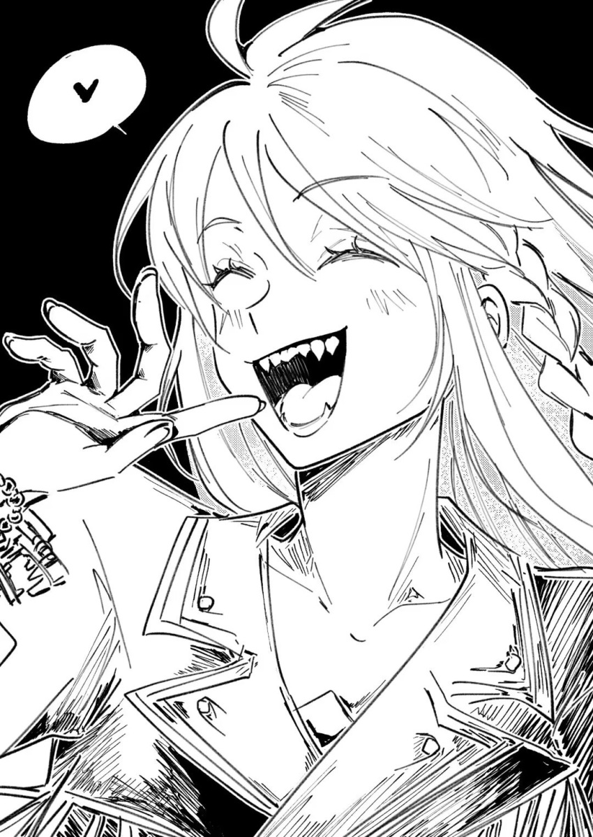 1girl closed_eyes fate/grand_order fate_(series) greyscale happy highres kukulkan_(fate) kukulkan_(first_ascension)_(fate) long_hair mexican_dress monochrome nemissa1 sharp_teeth solo teeth