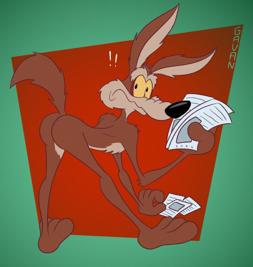 3_toes 4_fingers anthro ass_up barefoot bent_down bent_over biped black_eyes black_nose brown_body brown_fur butt butt_pose canid canine canis coyote digital_drawing_(artwork) digital_media_(artwork) exclamation_point feet fingers flat_colors fur gavanzude glancing_back hi_res humanoid_feet looking_at_viewer looney_tunes male mammal mario_bros nintendo nude paper_mario pinup plan plantigrade pose rear_view shocked shocked_expression shocked_face solo standing startled surprise surprised_expression surprised_eyes surprised_face surprised_look tan_body tan_fur toes warner_brothers wile_e._coyote yellow_sclera