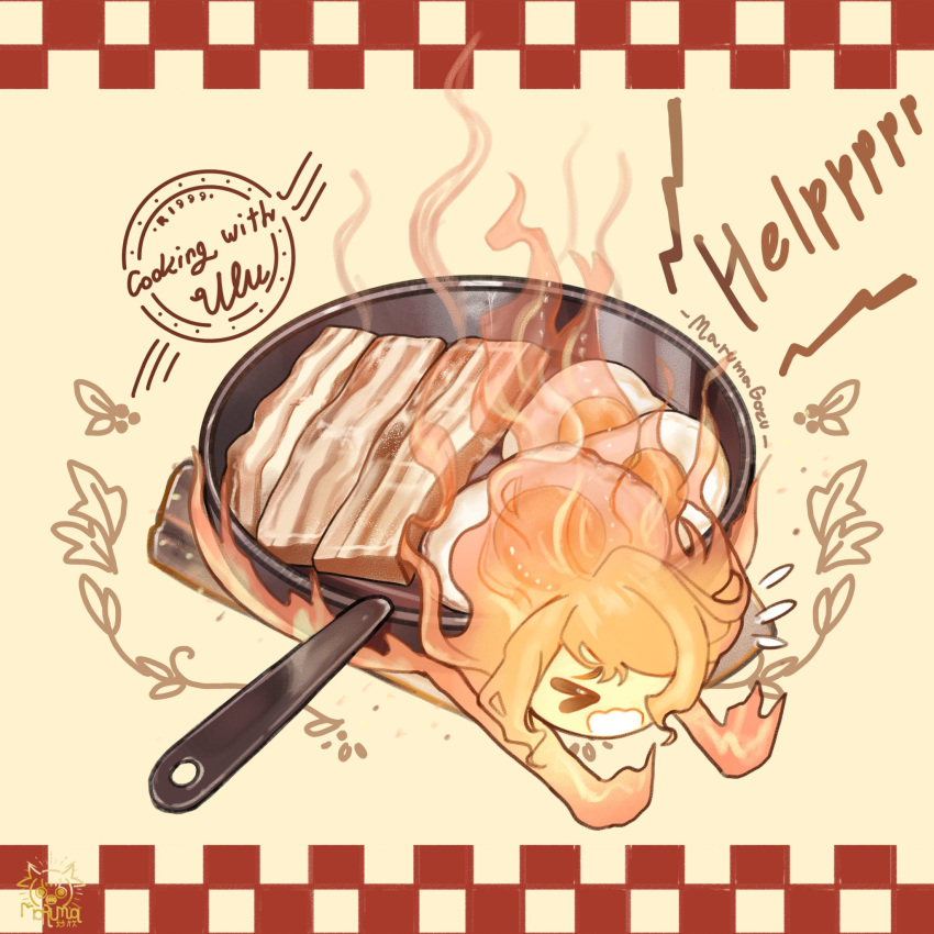 &gt;_&lt; 1girl artist_logo bacon cooking elemental_(creature) english_text fiery_hair fire fire_elemental flying_sweatdrops food food_focus fried_egg frying_pan full_body hair_over_one_eye highres lying maruma_gozu on_stomach one_eye_covered open_mouth reverse:1999 seal_impression solo ulu_(reverse:1999) yellow_background