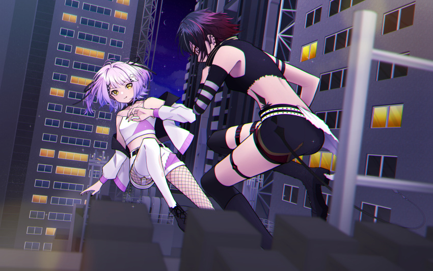 2girls absurdres airborne arm_strap armpit_peek ass asymmetrical_clothes bare_shoulders belt black_belt black_collar black_footwear black_hair black_nails black_ribbon black_shorts black_sleeves black_thighhighs blue_sky blurry blurry_foreground boots breasts building chromatic_aberration city cloud collar collarbone commentary crescent_moon crop_top detached_sleeves earclip facing_viewer fishnet_pantyhose fishnets from_behind full_body garter_straps ghost_hair_ornament gradient_hair grey_background hair_intakes hair_ornament hair_ribbon hairclip hand_up highres iris_black_games jacket ji-rex kisaragi_ren_(vtuber) knee_boots licking_lips light_particles looking_at_another medium_hair midriff moon multicolored_hair multiple_girls night night_sky open_clothes open_hand open_jacket over-kneehighs pantyhose red_eyes red_hair ribbon shinomiya_runa shoes short_shorts shorts single_detached_sleeve single_garter_strap single_thighhigh sky skyscraper sleeves_past_elbows small_breasts spaghetti_strap sparkle star_(sky) starry_sky strap_slip streaked_hair striped_sleeves thigh_belt thigh_strap thighhighs tongue tongue_out two-tone_sleeves v-shaped_eyebrows virtual_youtuber vspo! white_jacket white_shorts white_sleeves white_thighhighs window x_hair_ornament yellow_eyes