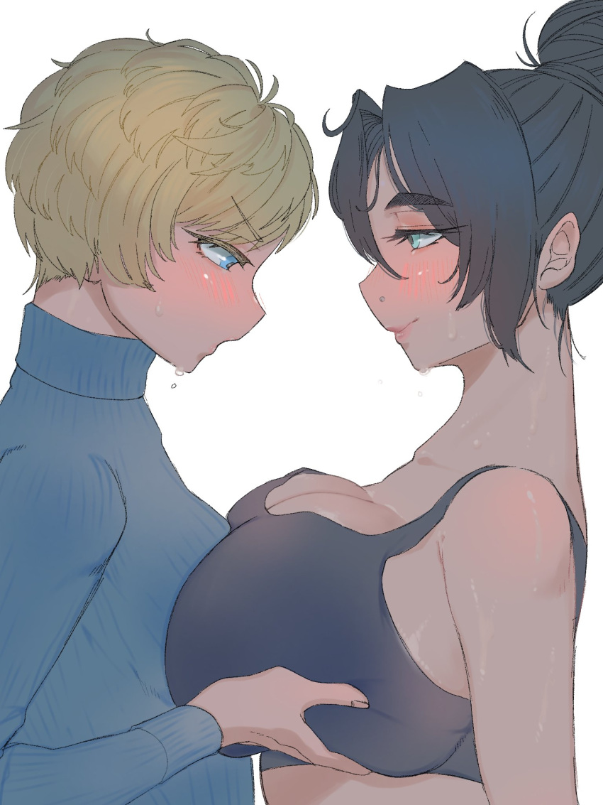 2girls abyuramu_yukidaruma apex_legends asymmetrical_docking black_bra black_hair blush bra breast_lift breast_press breasts cleavage collarbone from_side hair_behind_ear hair_bun highres huge_breasts large_breasts medium_breasts multiple_girls nose_piercing piercing ribbed_sweater short_hair single_hair_bun smug surprised sweat sweater turtleneck turtleneck_sweater underwear v-shaped_eyebrows wattson_(apex_legends) white_background wraith_(apex_legends) yuri