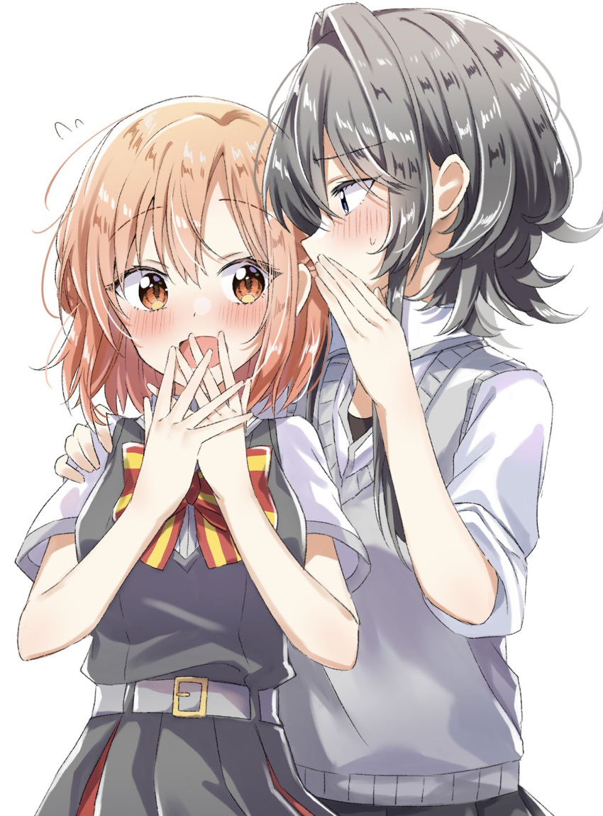 2girls asanagi_yori black_dress black_hair blush collared_shirt commentary covering_own_mouth dress flying_sweatdrops grey_sweater_vest hand_on_another's_shoulder hand_over_own_mouth highres kino_himari looking_at_another medium_hair multiple_girls open_mouth orange_hair pinafore_dress red_eyes sasayaku_you_ni_koi_wo_utau school_uniform shirt short_sleeves simple_background sleeveless sleeveless_dress smile sweatdrop sweater_vest upper_body whispering white_background white_shirt yunagi_(yng_hoti)