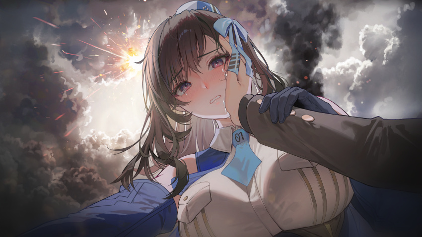 1boy 1girl anniversary aqua_necktie blue_gloves blush breasts brown_hair commander_(nikke) elbow_gloves garrison_cap gloves goddess_of_victory:_nikke hair_ribbon hand_on_another's_cheek hand_on_another's_face happy_anniversary hat highres holding_another's_arm large_breasts looking_at_viewer marian_(nikke) myabit necktie pov pov_hands ribbon shirt short_necktie tears white_shirt