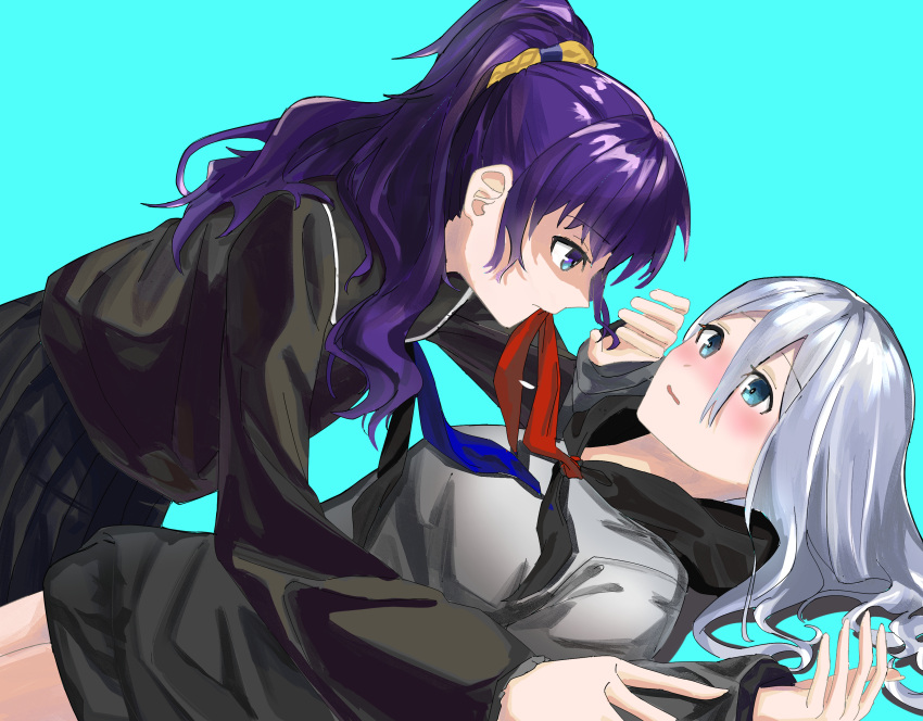 2girls absurdres asahina_mafuyu black_sailor_collar black_shirt black_skirt blue_background blue_eyes blue_neckerchief blush commentary deep_dig girl_on_top grey_hair grey_shirt highres long_hair long_sleeves lying mouth_hold multiple_girls neckerchief on_back parted_lips pinned pleated_skirt ponytail project_sekai purple_hair red_neckerchief ribbon ribbon_in_mouth sailor_collar shirt simple_background skirt yoisaki_kanade yuri