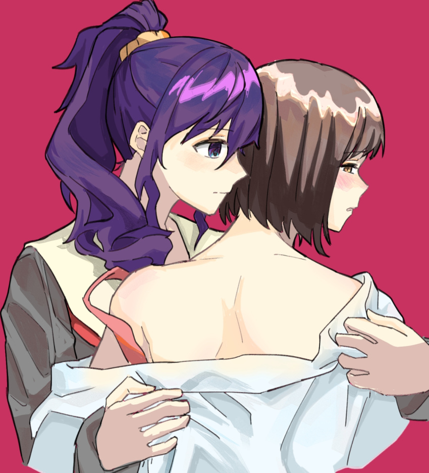 2girls asahina_mafuyu blush bra bra_strap brown_hair closed_mouth commentary deep_dig grey_shirt hands_on_another's_back highres long_hair multiple_girls off_shoulder parted_lips pink_bra ponytail project_sekai purple_hair red_background sailor_collar shinonome_ena shirt short_hair simple_background underwear undressing_another upper_body white_sailor_collar white_shirt