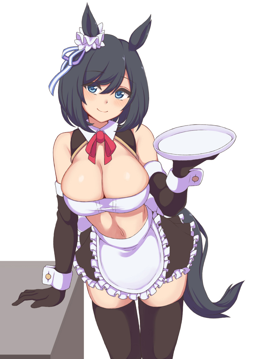 1girl absurdres animal_ears apron bandeau bare_shoulders black_hair black_thighhighs blue_eyes blush breasts cleavage closed_mouth detached_collar detached_sleeves ear_ribbon ear_scrunchie eishin_flash_(umamusume) hakutaqanta highres holding holding_tray horse_ears horse_girl horse_tail large_breasts looking_at_viewer maid_apron midriff miniskirt red_ribbon ribbon short_hair skindentation skirt smile tail thighhighs tray umamusume white_bandeau wrist_cuffs