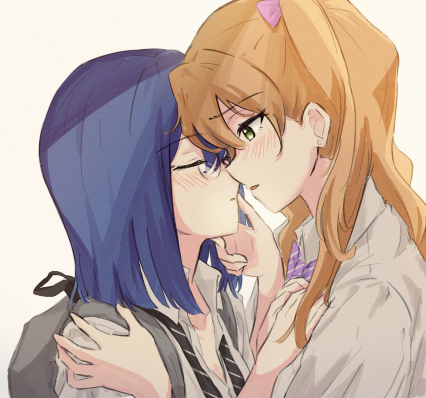 2girls aracari blonde_hair blue_hair blush bow bowtie chibana_sumika closed_eyes glasses green_eyes hair_ribbon highres imminent_kiss long_hair looking_at_another mamiya_kanoko medium_hair multiple_girls open_mouth ribbon school_uniform shirt simple_background upper_body watashi_no_yuri_wa_oshigoto_desu! white_shirt yuri