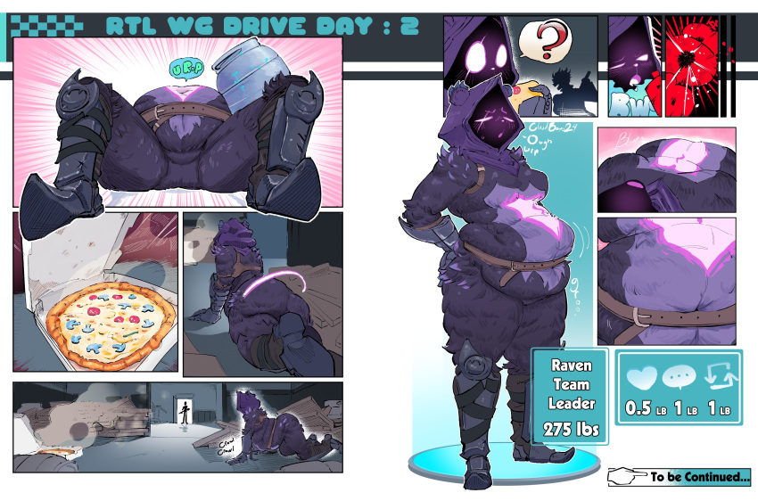 absurd_res anthro armor bear belly belt big_belly bloated cloudboyo container crawling eating epic_games female food fortnite hi_res lying mammal on_back overweight overweight_female pizza pizza_box question_mark raven_team_leader scar silhouette slurp_barrel solo standing steam text weight_gain_drive