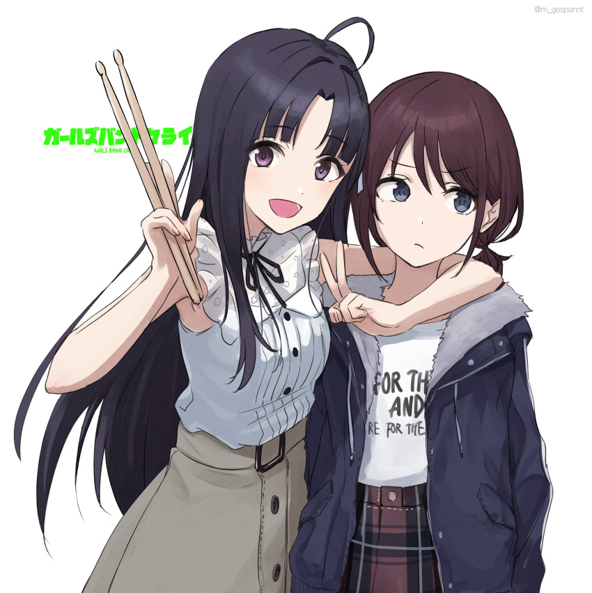 2girls ahoge arm_around_neck awa_subaru black_hair black_ribbon blue_eyes blue_jacket brown_hair brown_skirt closed_mouth clothes_writing commentary_request copyright_name dress_shirt drumsticks english_text girls_band_cry hair_intakes highres holding holding_drumsticks iseri_nina jacket long_hair looking_at_viewer low_twintails mos_(m_gespannt) multiple_girls neck_ribbon open_clothes open_jacket open_mouth parted_bangs plaid plaid_skirt purple_eyes red_skirt ribbon shirt shirt_tucked_in short_hair short_twintails sidelocks simple_background skirt sleeveless sleeveless_shirt twintails v white_background white_shirt