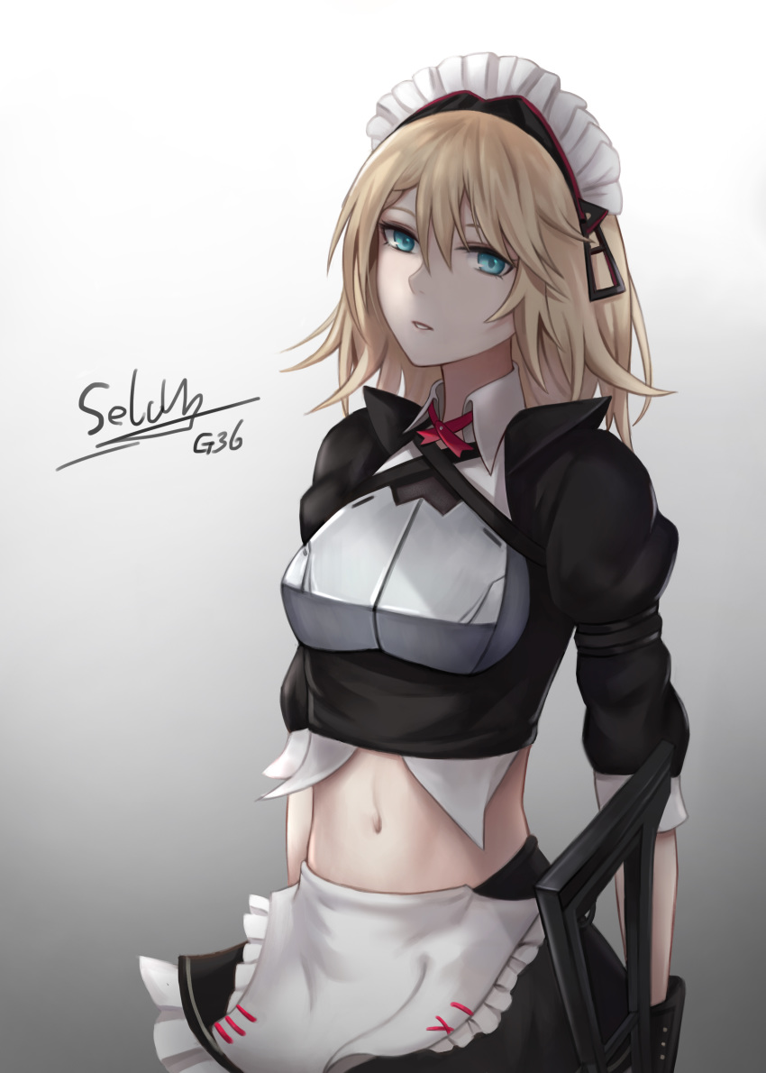 absurdres apron assault_rifle bangs black_gloves blonde_hair blue_eyes breastplate breasts character_name collared_shirt commentary_request eyebrows_visible_through_hair g36 g36_(girls_frontline) girls_frontline gloves gun hair_between_eyes heckler_&amp;_koch highres holding holding_gun holding_weapon looking_at_viewer maid maid_apron maid_headdress medium_breasts midriff mod3_(girls_frontline) navel parted_lips rifle selcky shirt sidelocks skirt solo weapon