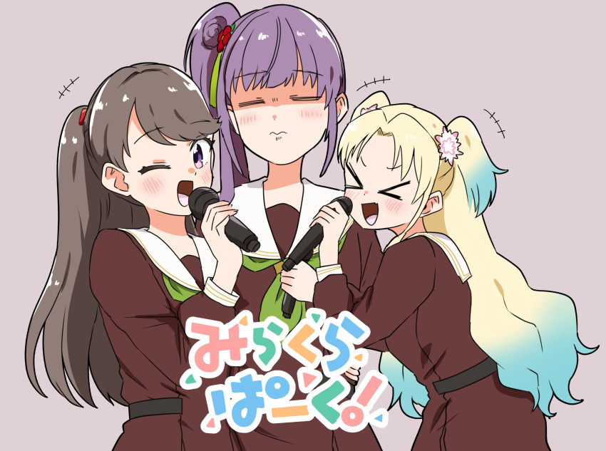 +++ 3: 3girls :d ;d =_= >_< absurdres blonde_hair blue_hair blush brown_dress brown_hair closed_eyes dress fang flower fujishima_megumi girl_sandwich gradient_hair green_neckerchief grey_background group_name hair_bun hair_flower hair_ornament hasu_no_sora_school_uniform highres kanzaki_gou light_blue_hair link!_like!_love_live! long_hair long_sleeves looking_at_viewer love_live! mira-cra_park! multicolored_hair multiple_girls neckerchief one_eye_closed open_mouth osawa_rurino otomune_kozue parted_bangs pink_flower pleated_dress purple_eyes purple_hair red_flower sailor_collar sailor_dress sandwiched school_uniform shaded_face side_ponytail sidelocks single_side_bun skin_fang smile twintails two_side_up virtual_youtuber white_flower white_sailor_collar winter_uniform xd