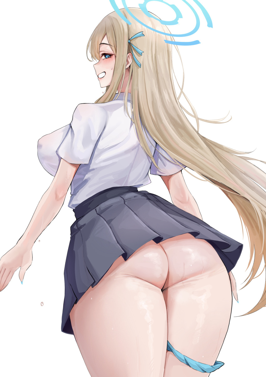 1girl absurdres ass asuna_(blue_archive) black_gloves blonde_hair blue_archive blue_eyes blue_halo blue_panties commentary covered_nipples cowboy_shot fluffyebi01 from_behind gloves halo highres long_hair miniskirt open_mouth panties panties_around_one_leg pleated_skirt profile school_uniform shirt simple_background skirt smile solo symbol-only_commentary teeth thighs underwear white_background white_shirt