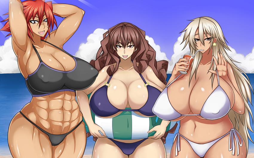 3girls abs beach bikini blonde_hair breasts brown_eyes brown_hair cleavage erect_nipples female gigantic_breasts huge_breasts innertube kurokagami_ryuuko matsuri_(teriyaki) muchigaku multiple_girls muscle otogi_tetsurou plump red_hair sanada_natsu scar shiny shiny_skin smile swimsuit