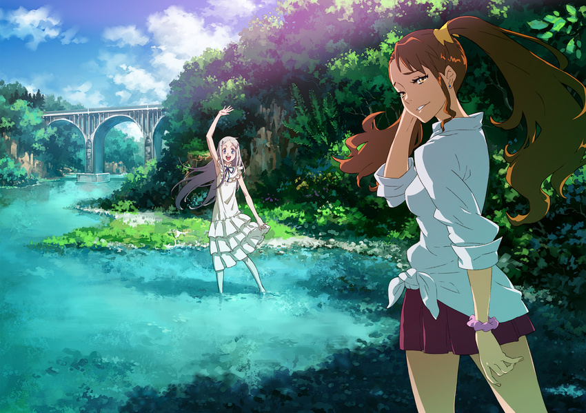 adjusting_hair anime_coloring anjou_naruko ano_hi_mita_hana_no_namae_wo_bokutachi_wa_mada_shiranai. bridge dress highres honma_meiko landscape looking_back multiple_girls oropi parted_lips scenery skirt sleeves_rolled_up stream twintails wading water waving