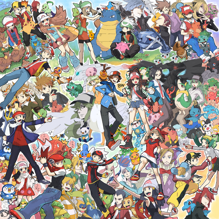 absolutely_everyone absudres absurdres aggron arcanine bel_(pokemon) blastoise blue_(pokemon) bulbasaur charmander cheren_(pokemon) chikorita chimchar cottonee crystal_(pokemon) cyndaquil dewott diamond_(pokemon) diglett dragonite dual_persona eevee emolga empoleon epic everyone farfetch'd farfetch'd fire flame floatzel gold_(pokemon) gothita grotle haruka_(pokemon) hat hibiki_(pokemon) highres hikari_(pokemon) jigglypuff kotone_(pokemon) kurotsugu_(pokemon) leaf_(pokemon) litwick magikarp metagross mikuri_(pokemon) milotic minaki_(pokemon) minccino monferno mudkip munna n_(pokemon) nintendo ookido_green oshawott panpour pansage pansear pearl_(pokemon) petilil pidgeot pignite pikachu poke_ball pokeball pokemon pokemon_(game) pokemon_black_and_white pokemon_bw pokemon_crystal pokemon_diamond_and_pearl pokemon_dppt pokemon_emerald pokemon_firered_and_leafgreen pokemon_gold_and_silver pokemon_gsc pokemon_heartgold_and_soulsilver pokemon_hgss pokemon_platinum pokemon_red_and_green pokemon_rgby pokemon_rse pokemon_ruby_and_sapphire prinplup red_(pokemon) reshiram ruby_(pokemon) scarf scrafty senri_(pokemon) servine sewaddle shirona_(pokemon) silver_(pokemon) snivy solosis spiritomb squirtle starmie suicune tepig torchic totodile touko_(pokemon) touya_(pokemon) treecko trubbish tsuwabuki_daigo turtwig tympole vulpix wataru_(pokemon) zekrom zorua