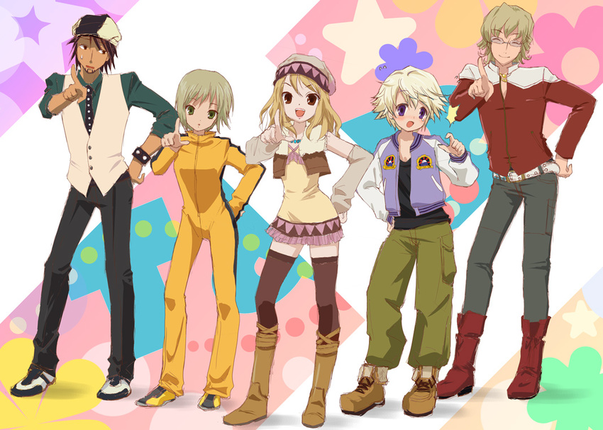 3boys ^_^ bad_id bad_pixiv_id bare_shoulders barnaby_brooks_jr belt blonde_hair blush bodysuit boots bracelet brown_eyes brown_hair brown_legwear bruce_lee's_jumpsuit cabbie_hat closed_eyes earrings facial_hair glasses green_eyes hare_hare_yukai hat huang_baoling ivan_karelin jacket jewelry kaburagi_t_kotetsu karina_lyle letterman_jacket long_hair multiple_boys multiple_girls necktie orange_bodysuit parody pose purple_eyes red_jacket short_hair stubble studded_belt suzumiya_haruhi_no_yuuutsu tears thighhighs tiger_&amp;_bunny vest waistcoat watch wristwatch yamagotta zettai_ryouiki