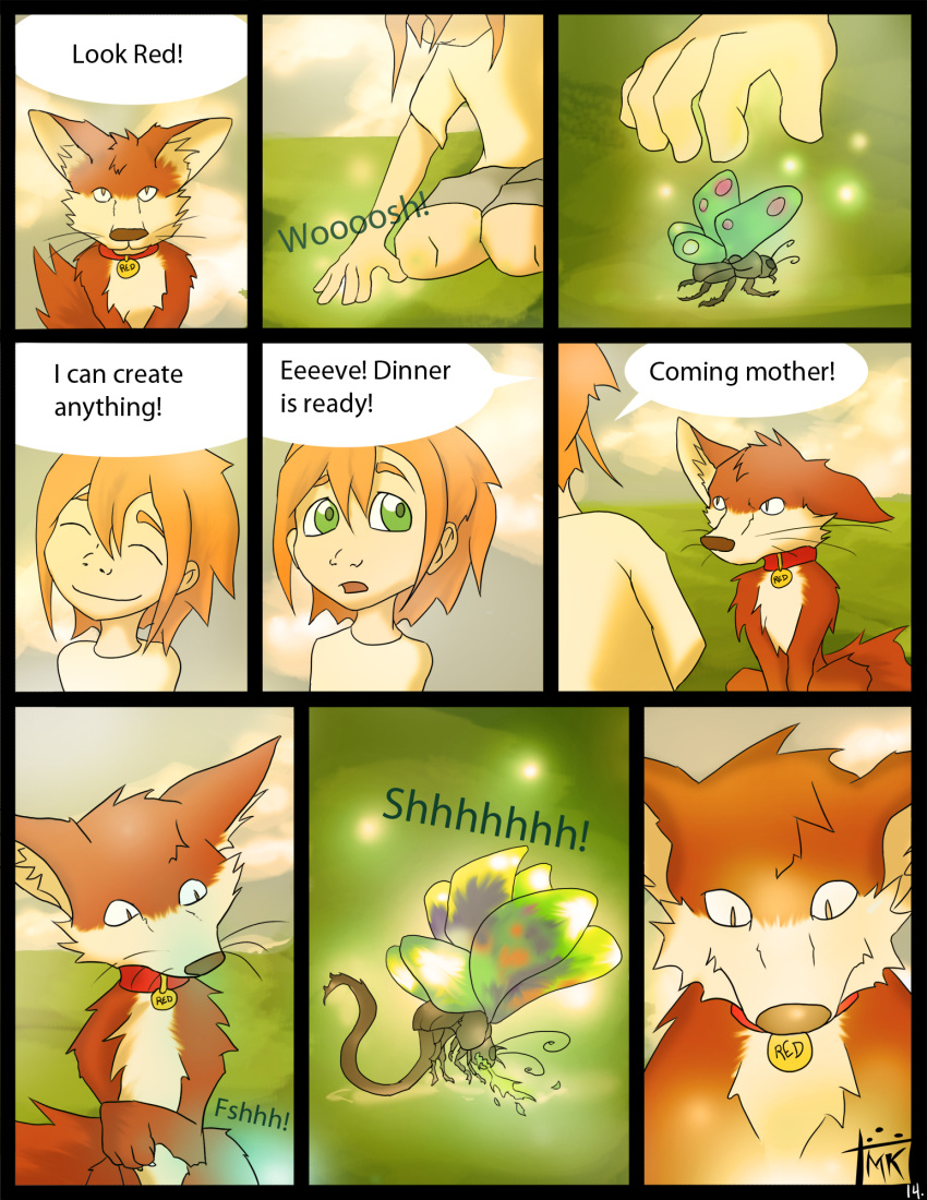 2019 arthropod canine clothed clothing comic english_text fantasy female feral fox hi_res human insect makumo male mammal rey_(makumo) text young